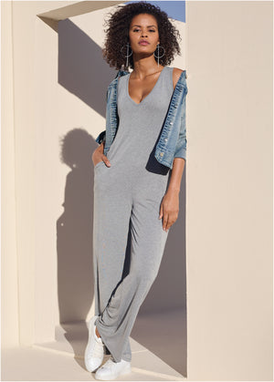 Relaxed V-Neck Jumpsuit - Heather Grey - thumbnail-1