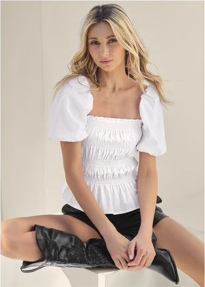 Smocked Puff Sleeve Top - White - thumbnail-1