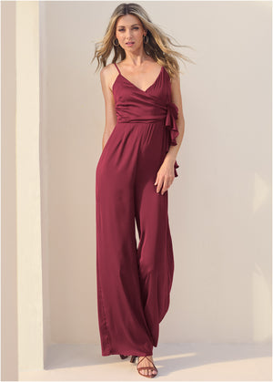 V-Neck Jumpsuit - Dark Red - thumbnail-1