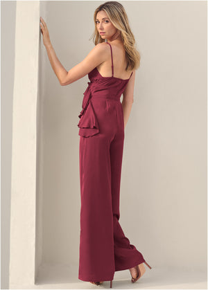 V-Neck Jumpsuit - Dark Red - thumbnail-2