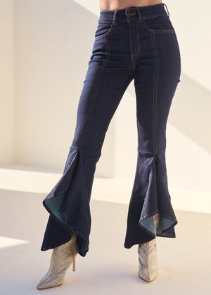 Ruffle slit hem jeans - Indigo Blue - thumbnail-1