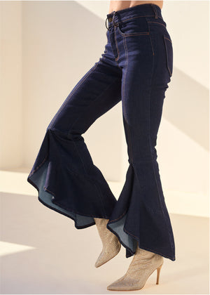 Ruffle slit hem jeans - Indigo Blue - thumbnail-3