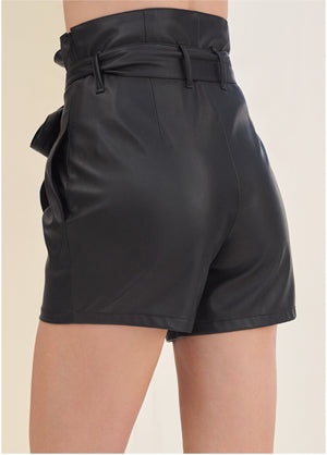 Belted faux-leather shorts - Black - thumbnail-4