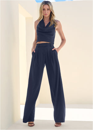 Cowl Neck Top And Pant Set - Navy - thumbnail-1