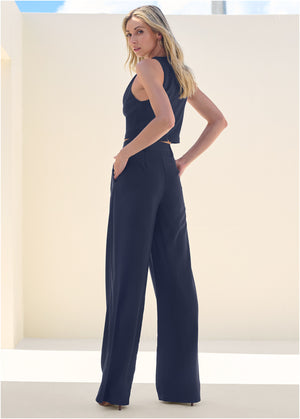 Cowl Neck Top And Pant Set - Navy - thumbnail-2