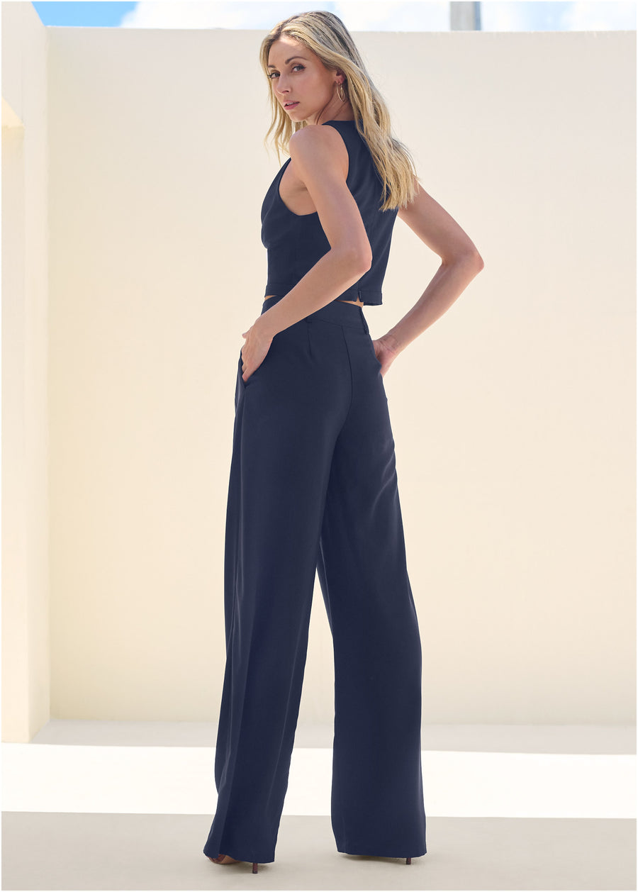 Cowl Neck Top And Pant Set - Navy