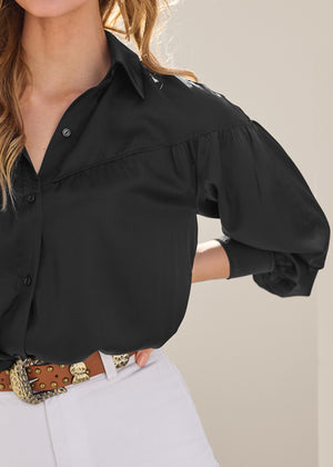 Satin Long Sleeve Blouse - Black - thumbnail-4