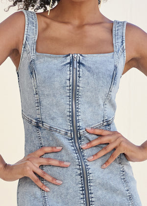 Zip-Front Tank Denim Dress - Acid Wash - thumbnail-3