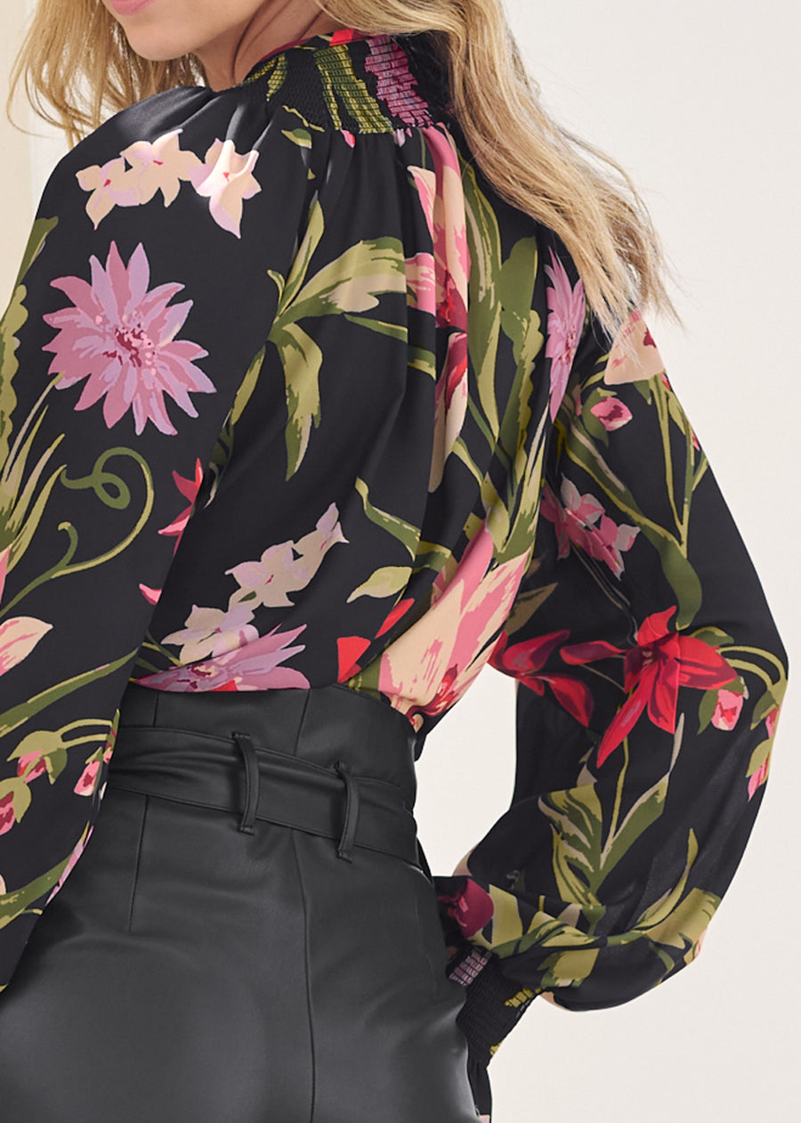 Floral Tassel-Tie Blouse - Black & Pink