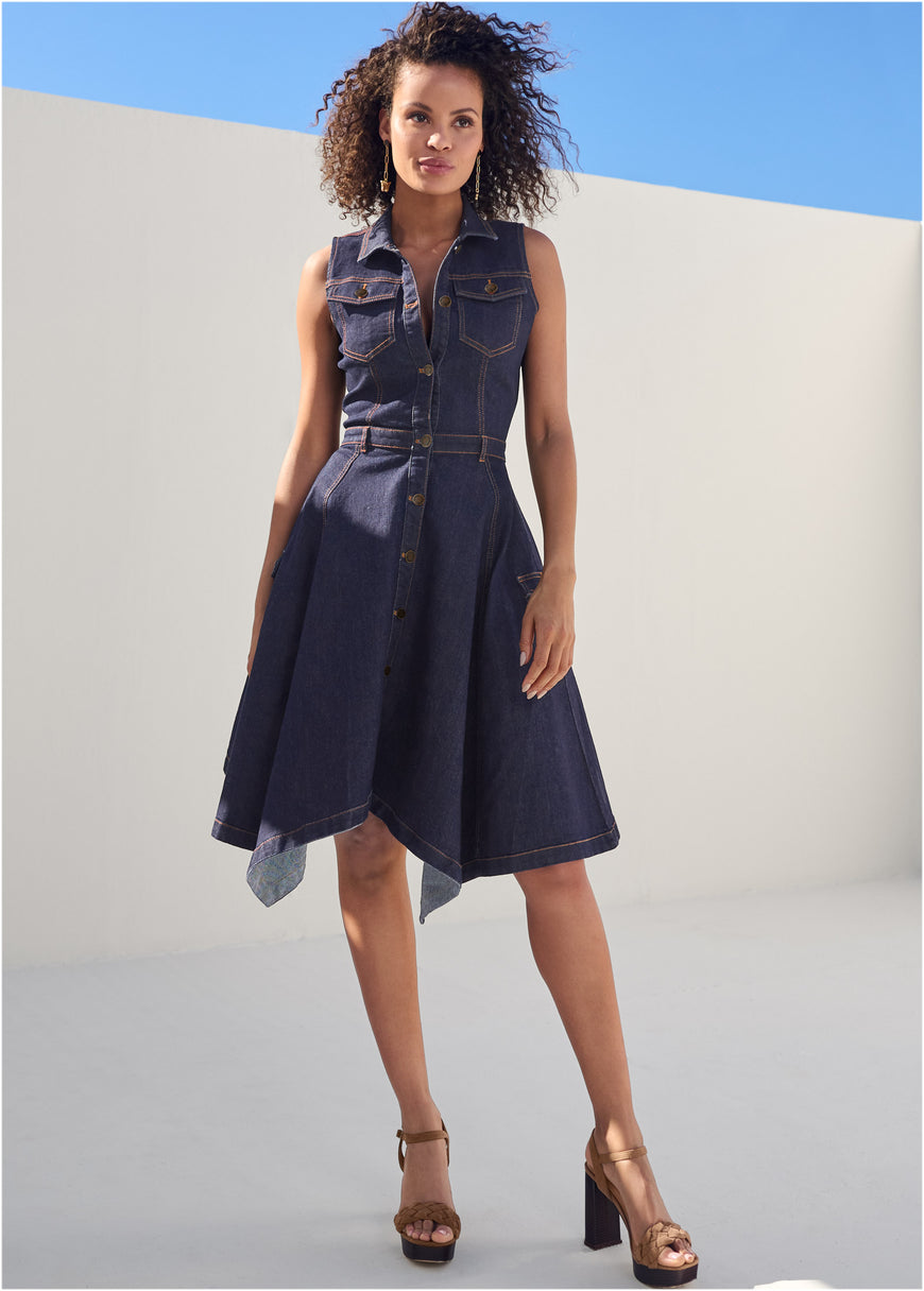 Button-Front Denim Dress - Indigo Blue