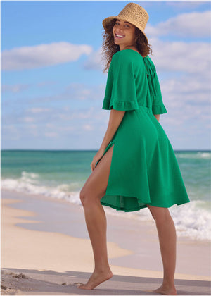 Robe cache-maillot en tricot gaufré - Royal Green - thumbnail-3