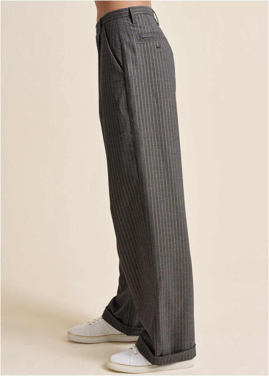 Stripe Wide Leg Trousers - Grey & Gold