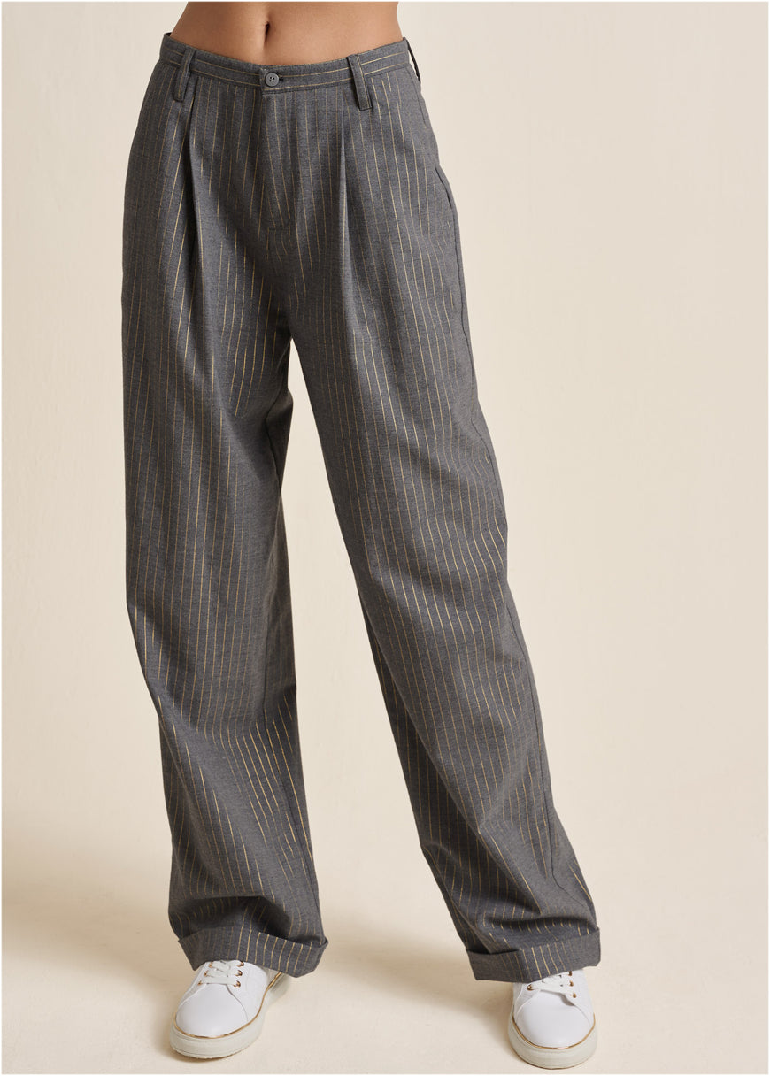 Stripe Wide Leg Trousers - Grey & Gold