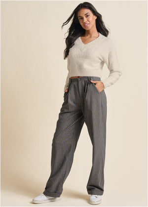 Stripe Wide Leg Trousers - Grey & Gold - thumbnail-1