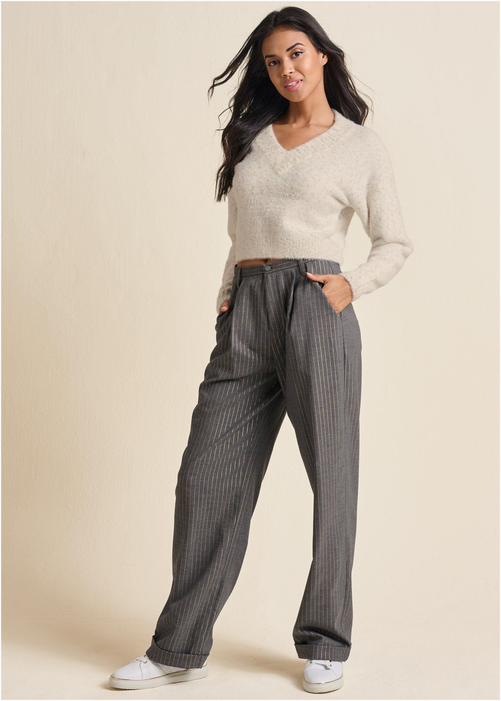 Stripe Wide Leg Trousers - Grey & Gold