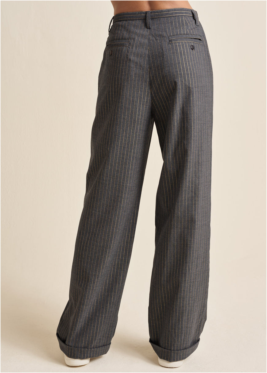 Stripe Wide Leg Trousers - Grey & Gold