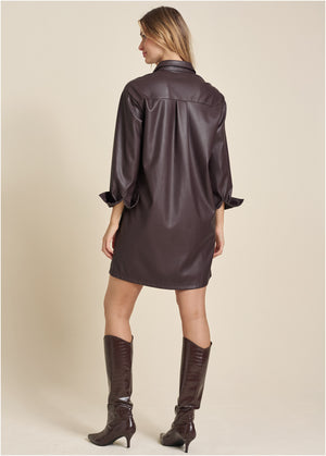 Faux Leather Shirt Dress - Dark Brown - thumbnail-2