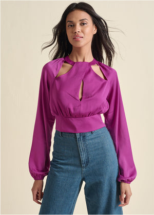 Cropped Cut-Out Blouse - Dark Pink - thumbnail-1