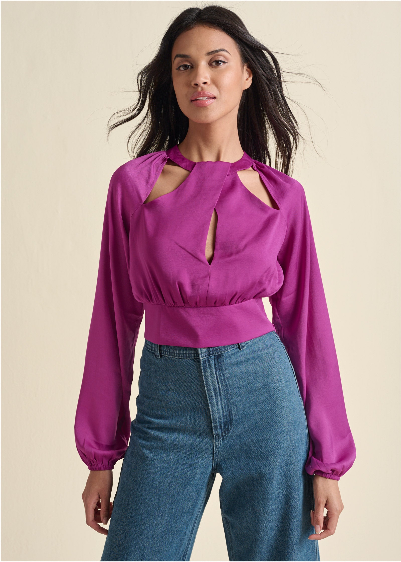 Cropped Cut-Out Blouse - Dark Pink