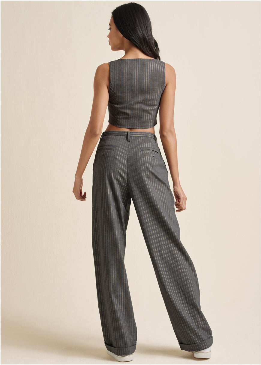 Stripe Wide Leg Trousers - Grey & Gold