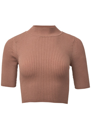 Ribbed Crop Mock Neck Top - Taupe - thumbnail-5