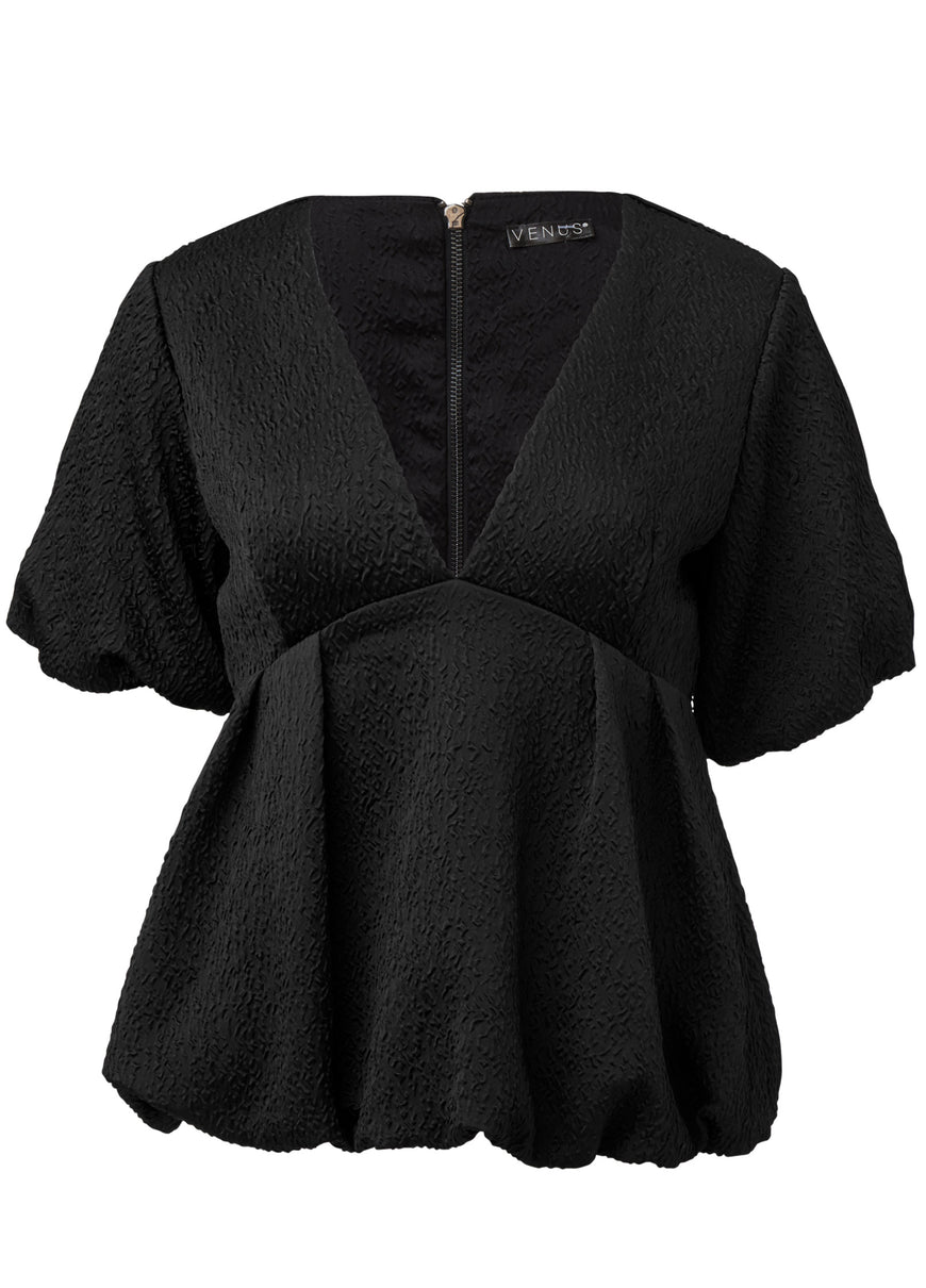 Textured V-Neck Top - Black