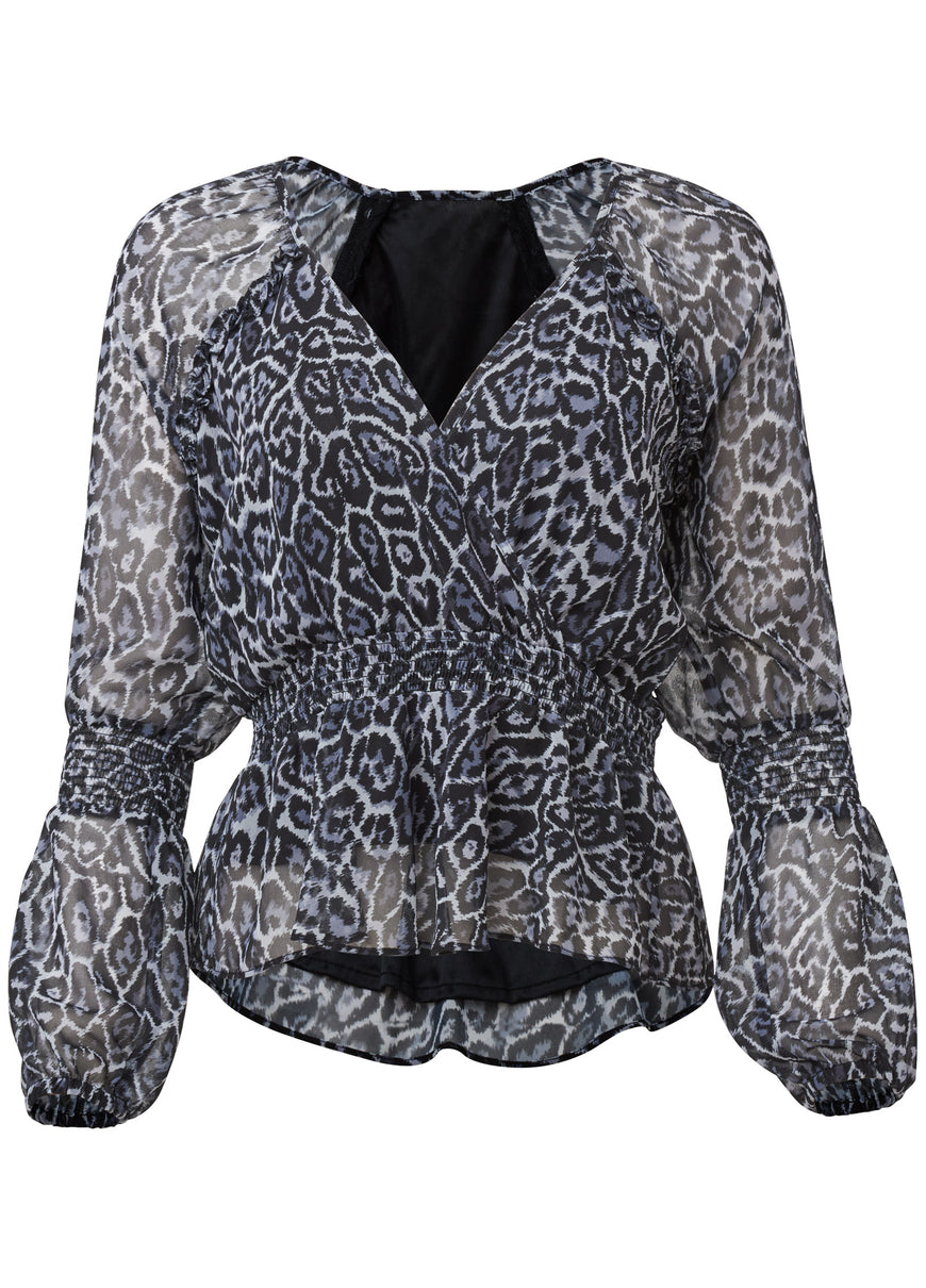 Puff Sleeve V-Neck Top  - Snow Leopard