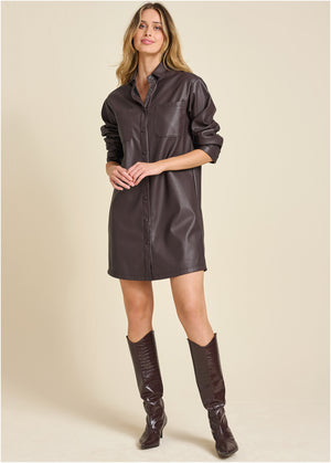 Faux Leather Shirt Dress - Dark Brown - thumbnail-1