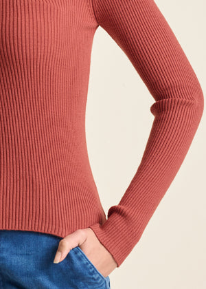 Ribbed Long Sleeve Top - Rust - thumbnail-3