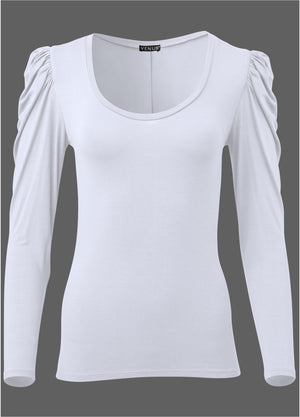 Puff Shoulder Long Sleeve Top - White - thumbnail-4