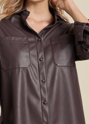 Faux Leather Shirt Dress - Dark Brown - thumbnail-3