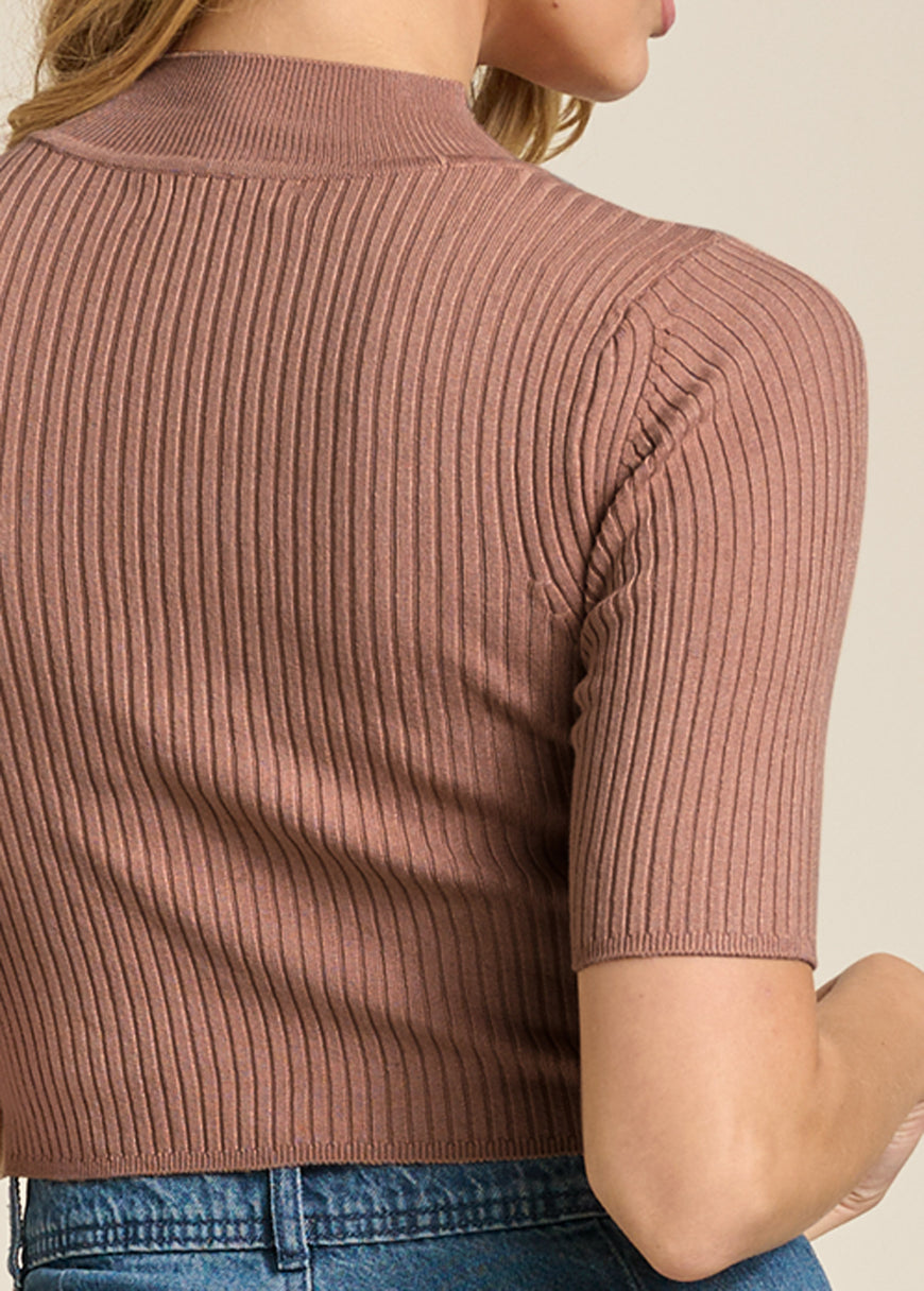 Ribbed Crop Mock Neck Top - Taupe