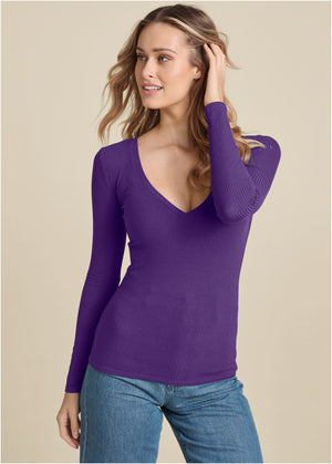 Ribbed long sleeve v-neck - Dark Purple - thumbnail-1