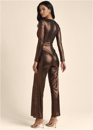 Twist Front Jumpsuit - Black & Bronze - thumbnail-8