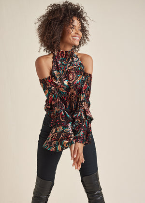 Cold Shoulder Ruffle Top - Black Multi - thumbnail-6