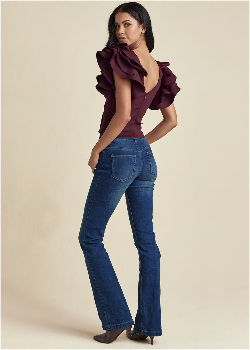 Ruffle Sleeve V-Neck Top - Wine