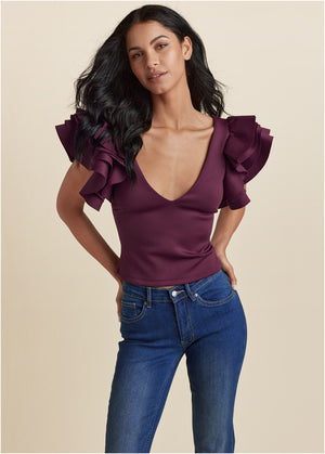 Ruffle Sleeve V-Neck Top - Wine - thumbnail-6