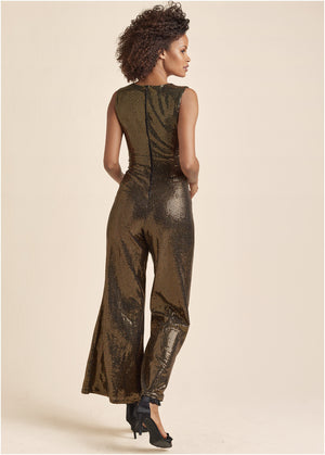 Wide Leg Shimmer Jumpsuit - Black & Gold - thumbnail-2