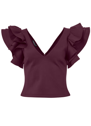 Ruffle Sleeve V-Neck Top - Wine - thumbnail-5