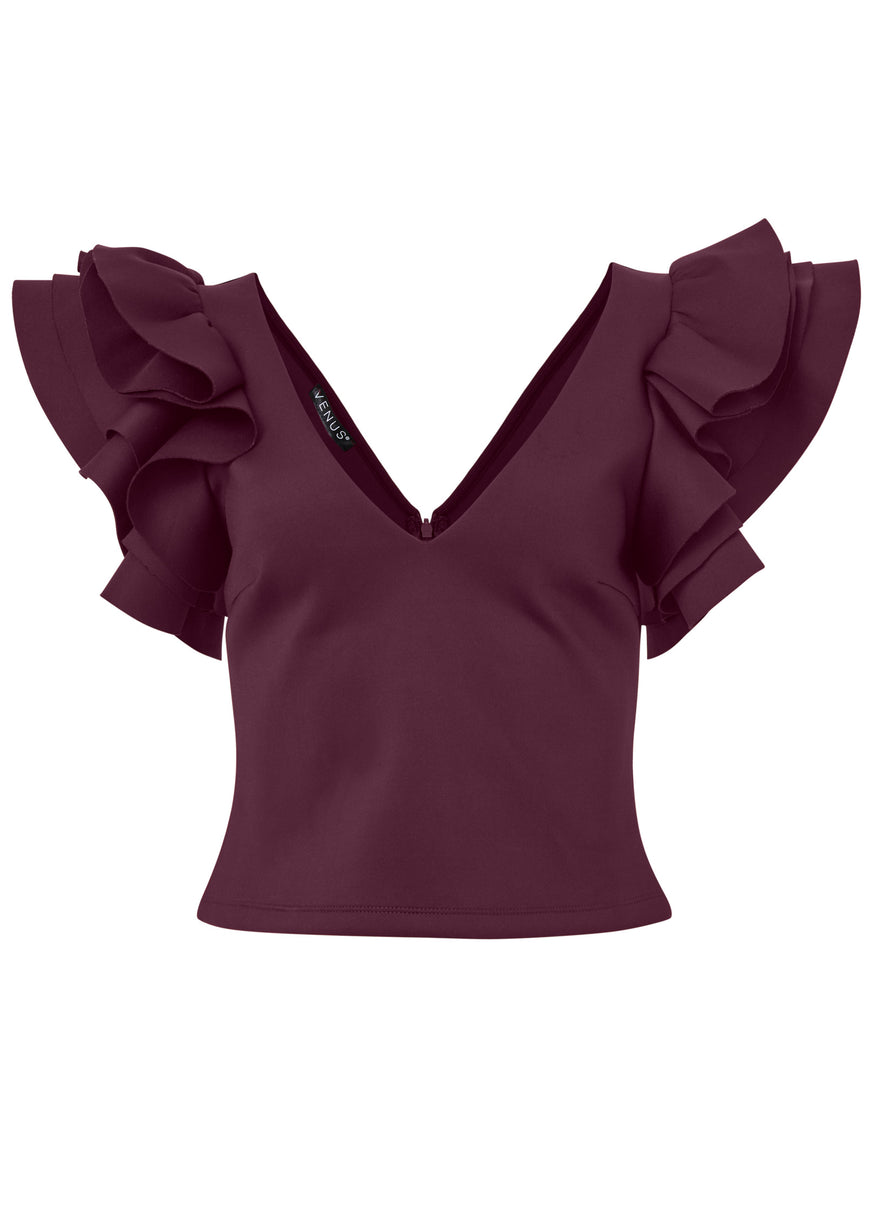 Ruffle Sleeve V-Neck Top - Wine