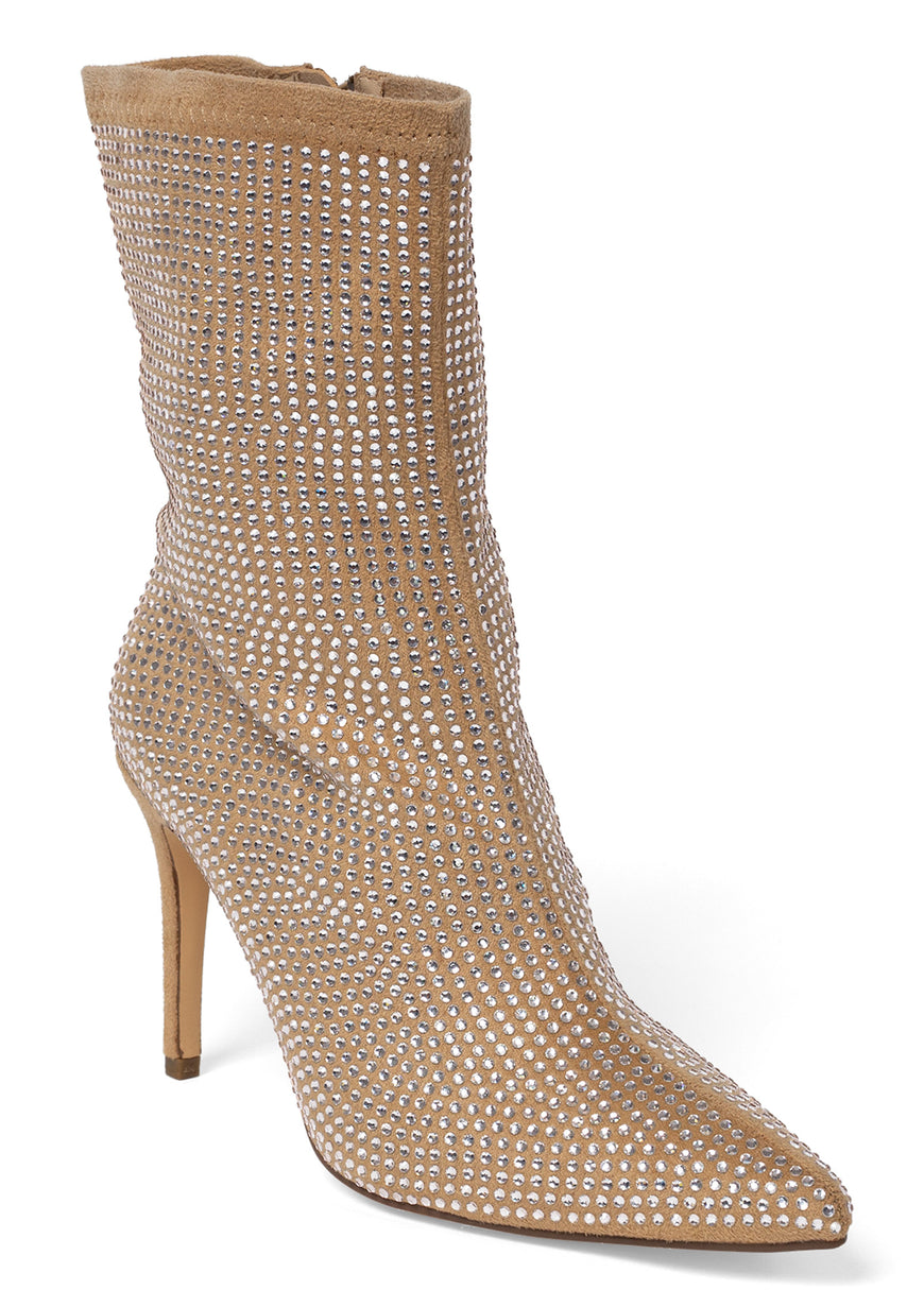 Rhinestone Heeled Booties - Camel