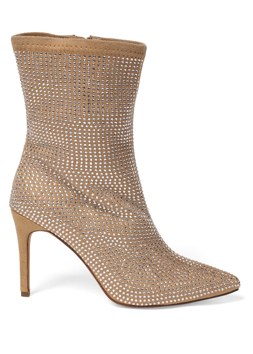 Rhinestone Heeled Booties - Camel