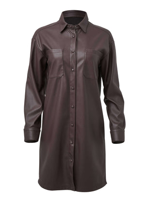 Faux Leather Shirt Dress - Dark Brown - thumbnail-5