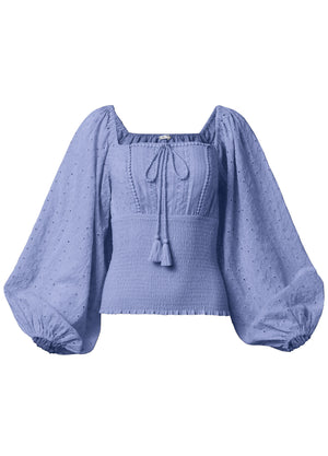 Smocked Eyelet Tassel Top - Light Blue - thumbnail-5