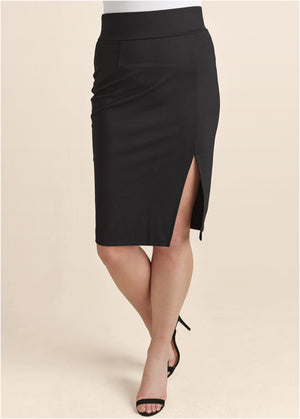 High-Waist Slit Ponte Skirt - Black - thumbnail-8