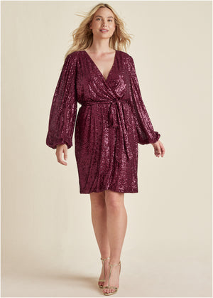 Belted Sequin Wrap Dress - Wine - thumbnail-10