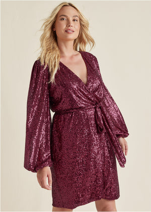 Belted Sequin Wrap Dress - Wine - thumbnail-6