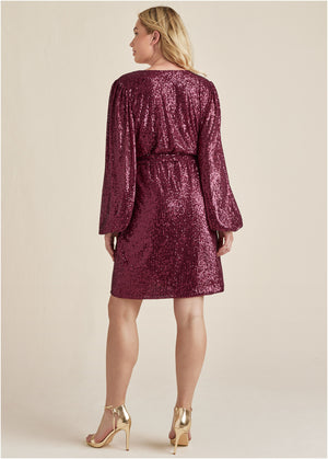 Belted Sequin Wrap Dress - Wine - thumbnail-7