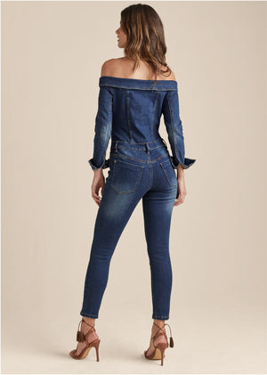 Off-The-Shoulder Denim Jumpsuit - Dark Wash - thumbnail-2