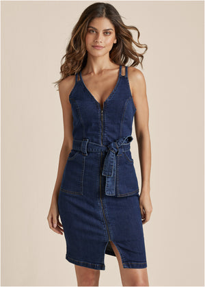 Denim Dress With Zipper - Dark Wash - thumbnail-1